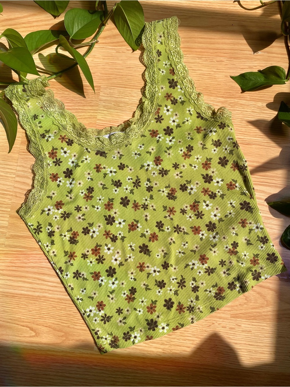 🌿 Floral Green Lace-Trim Ribbed Tank Crop Top Cottagecore Boho Garden Fairycore